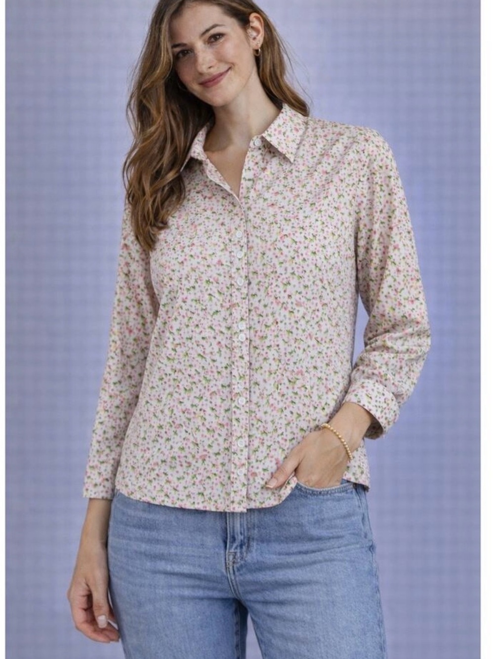 Talbots Pink Floral Button-Down Shirt with Green Accents